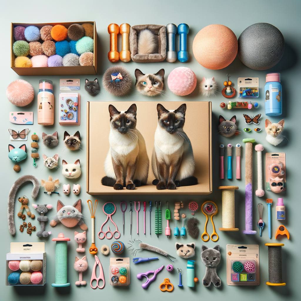 Assortment of the best Siamese cat toys, activity products, care items, and stimulating enrichment accessories for detailed Siamese cat product reviews.