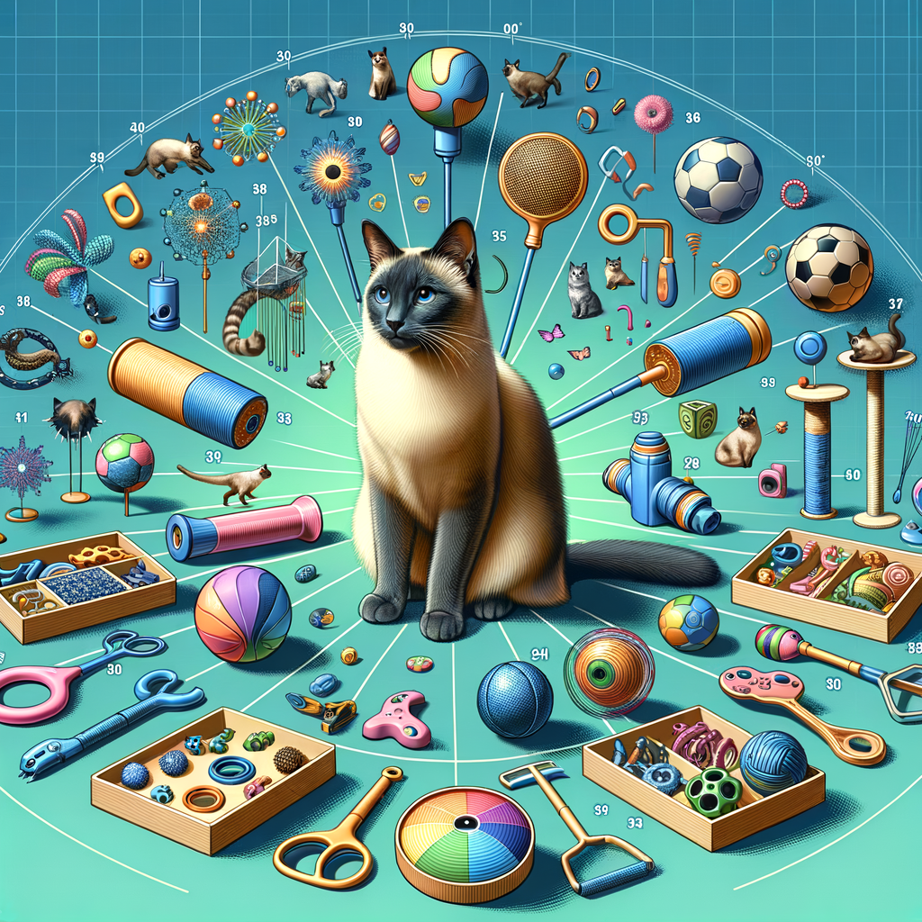 Siamese cat playfully engaging with a variety of best Siamese cat toys, activity products, and enrichment toys, showcasing practical application of Siamese cat care products for enrichment ideas.