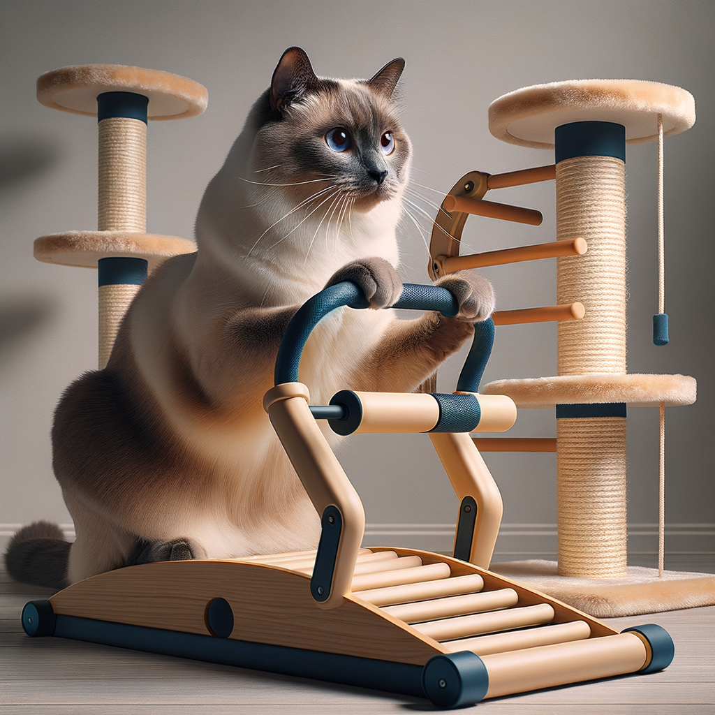 Siamese cat maintaining fitness using top-rated indoor cat exercise tools like treadmill and climbing tower, highlighting Siamese cat health and exercise needs for a review on best exercise equipment for Siamese cats.