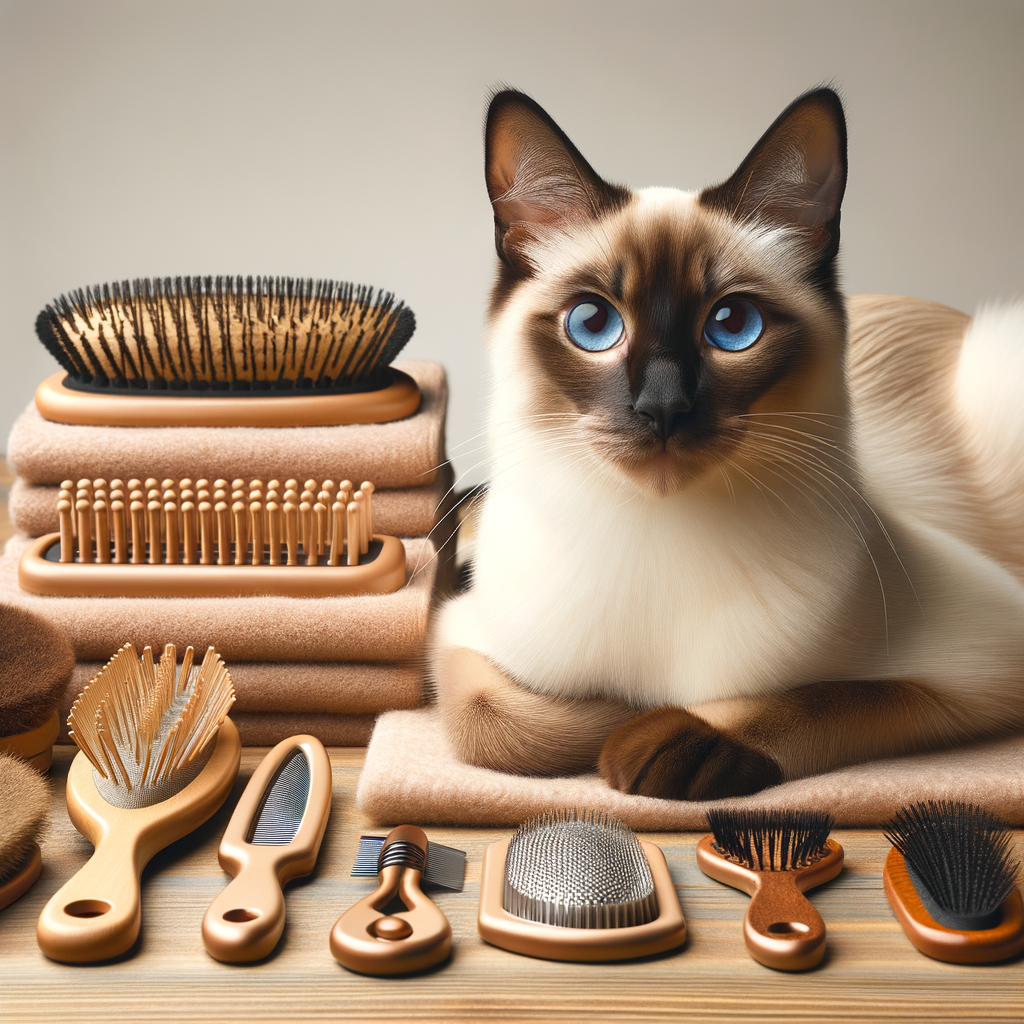 Top-rated cat grooming tools and products for Siamese cat hair care, including best cat brushes, with a Siamese cat in the background for a review on Siamese cat grooming tips and recommendations.