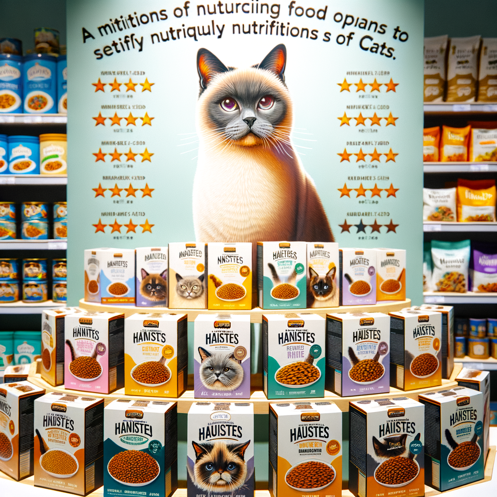 Variety of top-rated Siamese cat food brands highlighting Siamese cat nutrition, best cat food for Siamese, healthy cat food options, and cat food reviews for optimal Siamese cat health.
