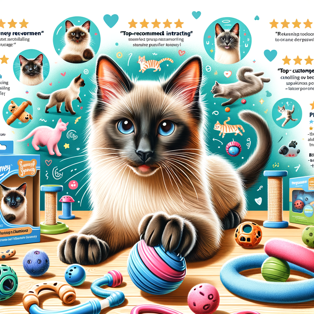 Playful Siamese cat enjoying the best interactive and stimulating toys, showcasing Siamese cat behavior during playtime with recommended enrichment toys and toy reviews in the background.