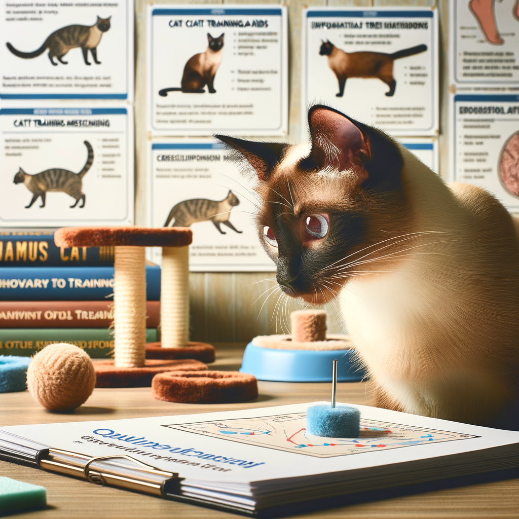 Siamese cat engaging with top-rated training aids, with Siamese cat behavior charts and training tips books in the background