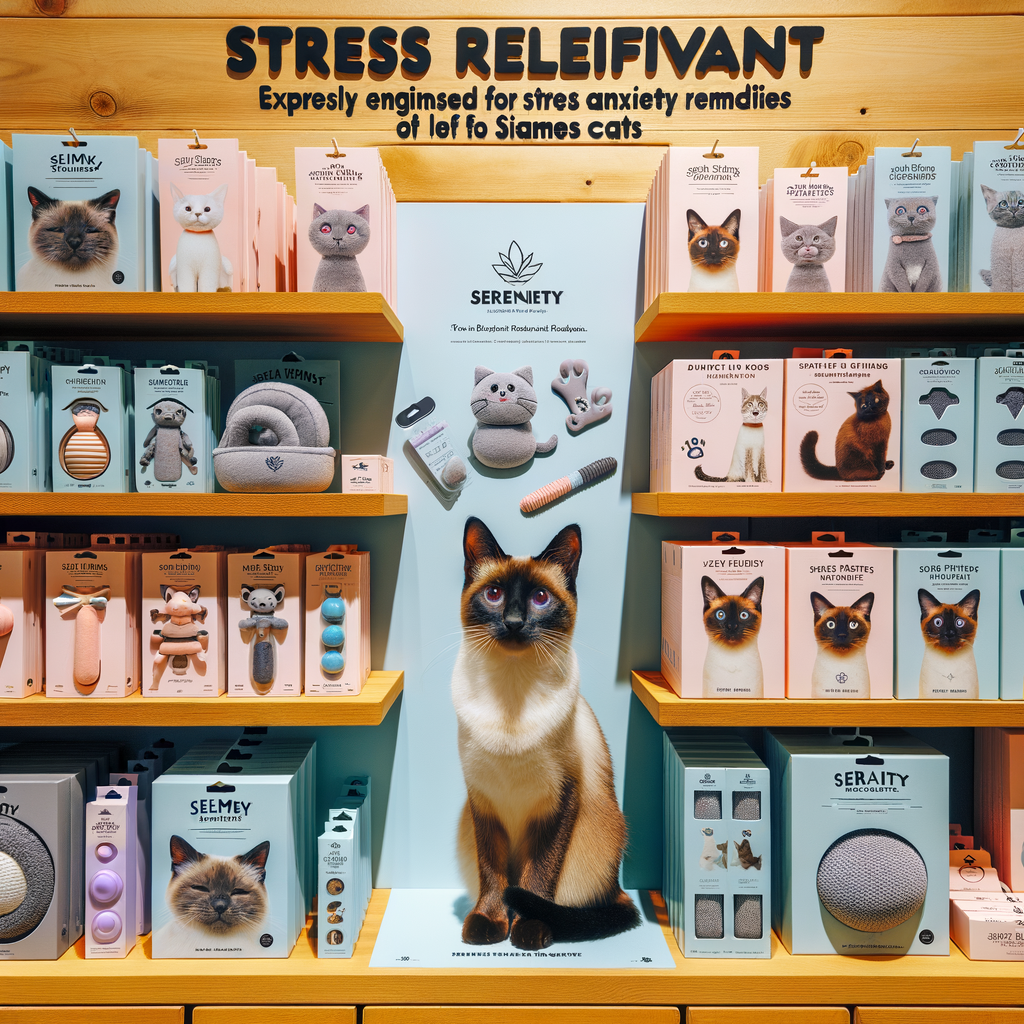Assortment of top-rated Siamese cat stress relief products, including calming toys and anxiety solutions, perfect for Siamese cat stress management and relaxation.