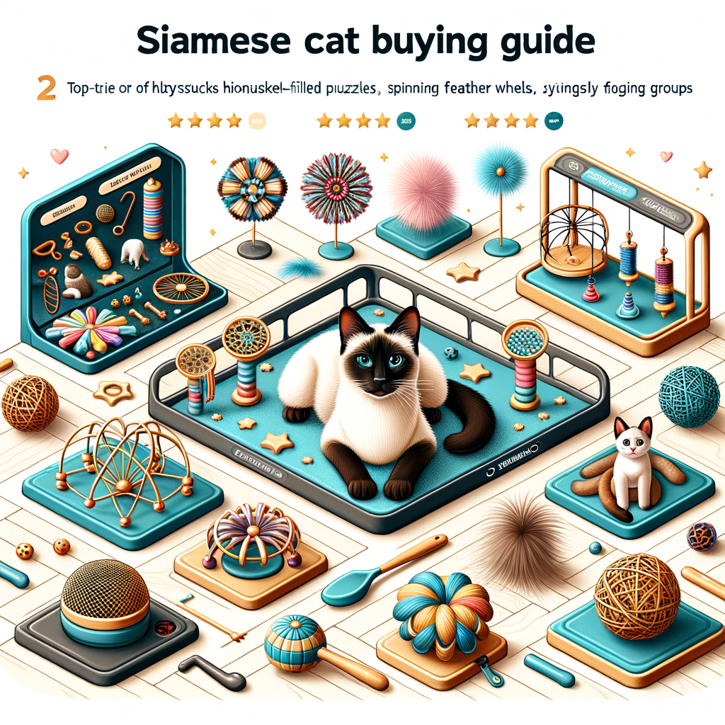 Variety of top-rated Siamese cat toys including interactive playthings and recommendations on a sleek shopping platform, perfect for a comprehensive Siamese cat toy buying guide.