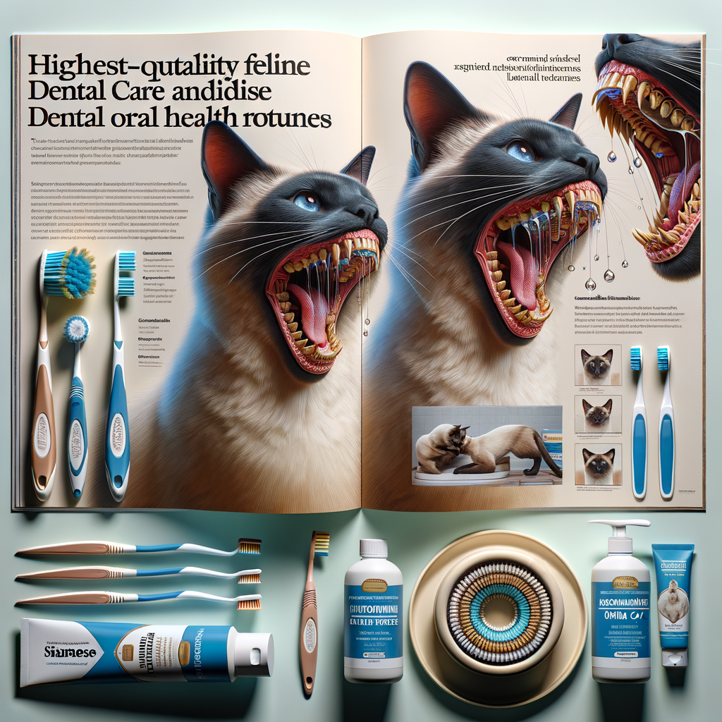 Siamese cat practicing oral hygiene with top-rated cat dental care products including cat toothbrushes and toothpaste, highlighting Siamese cat dental health issues and care tips guidebook in the background.