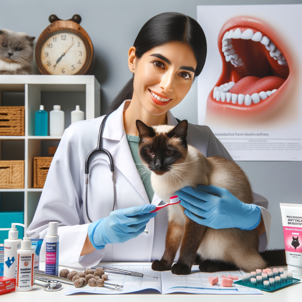 Veterinarian demonstrating Siamese cat dental care with top-rated cat dental health products, including a cat toothpaste guide and dental treats, addressing Siamese cat dental issues with best dental products for cats and cat dental care tips in the background.