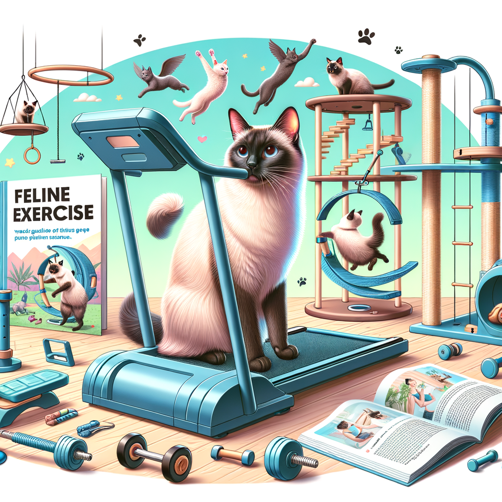 Siamese cat using exercise tools such as a treadmill and climbing tower, with Siamese cat fitness guide and workout gear for physical activity, illustrating exercise tips and accessories for Siamese cats.