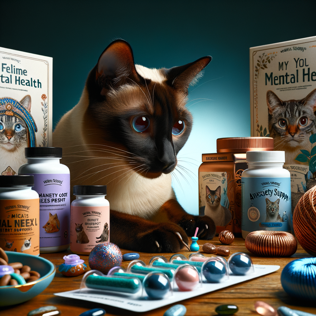 Siamese cat engaging with cat mental health products for stress relief and anxiety support, demonstrating effective Siamese cat care and feline mental wellness.