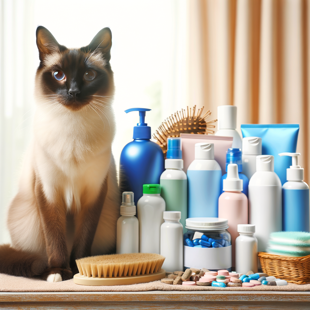 Siamese cat enjoying the benefits of skin and coat care products like shampoos, conditioners, and supplements, illustrating the Siamese Cat Skin and Coat Care Guide for optimal Siamese Cat Skin Health and Coat Health.