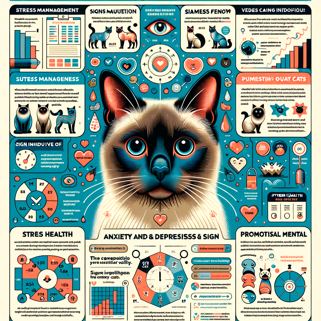 Infographic detailing Siamese Cat Behavior and Psychology, highlighting Mental Health in Siamese Cats, including signs of Siamese Cat Anxiety and Depression, and tips for Siamese Cat Mental Wellness and Stress Management.