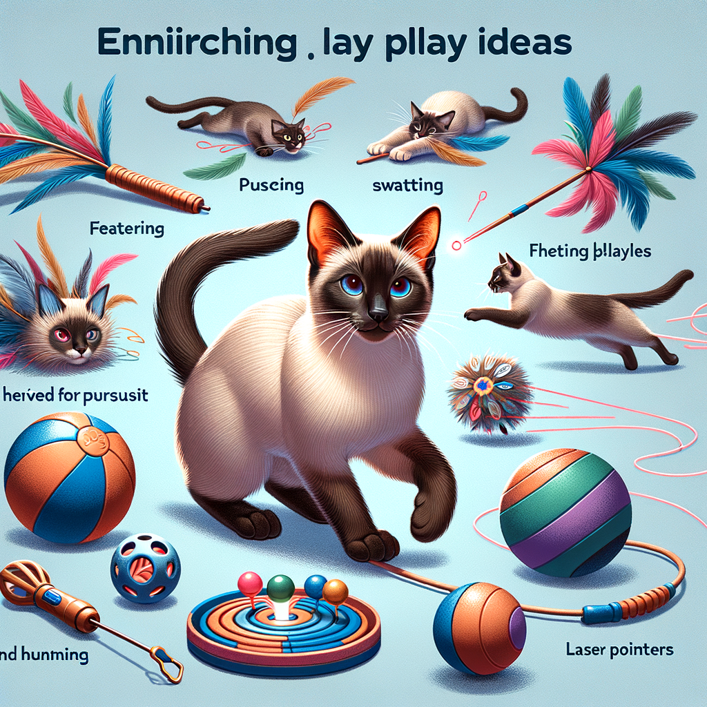 Siamese cat engaging in playtime activities with interactive Siamese cat toys, demonstrating typical Siamese cat behavior for exercise and enrichment, providing play ideas to keep Siamese cats entertained.