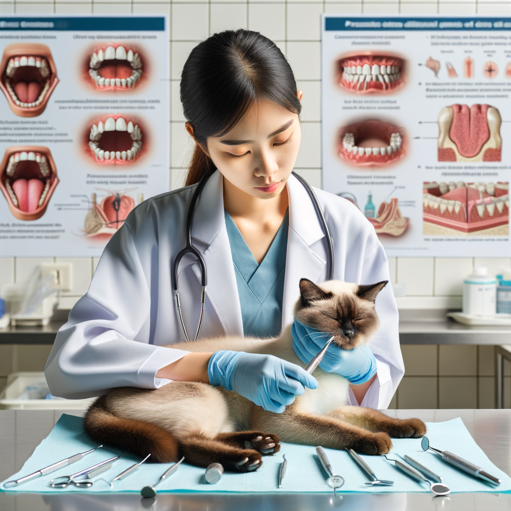 Veterinarian performing Siamese cat dental cleaning, showcasing feline dental health tools, highlighting Siamese cat oral hygiene, common teeth problems, gum disease, and prevention tips for dental disease in Siamese cats.