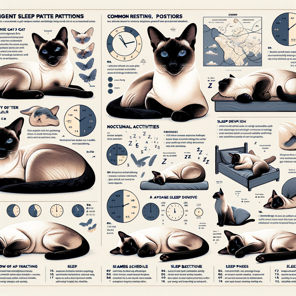 Infographic detailing Siamese Cat Sleep Patterns, Behavior, Cycle, Night Behavior, Resting Habits, Sleep Issues, Sleep Schedule, Sleep Duration, and Sleep Positions for understanding Siamese Cat Sleep.