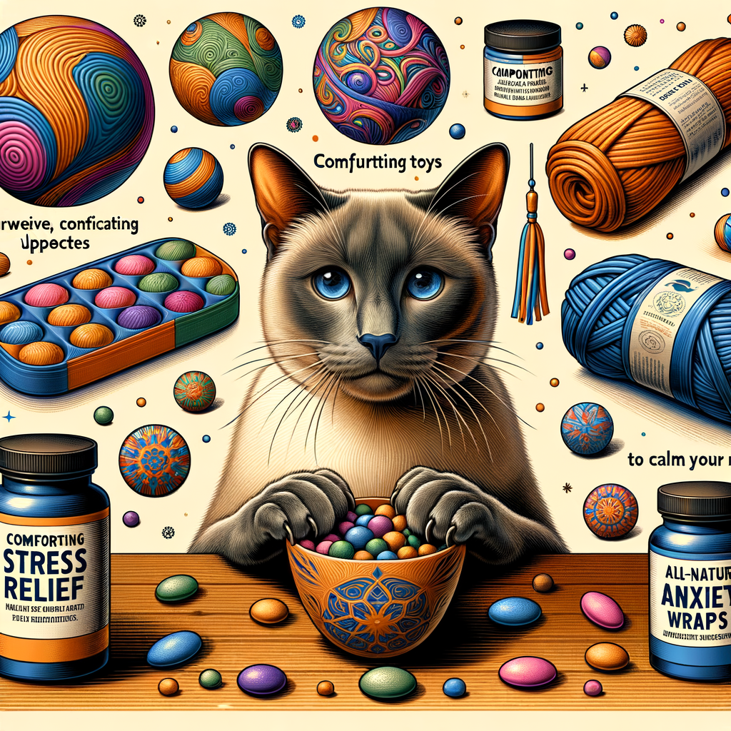 Siamese cat peacefully using stress relief products including calming toys and anxiety wraps, showcasing effective Siamese cat stress management and anxiety solutions.